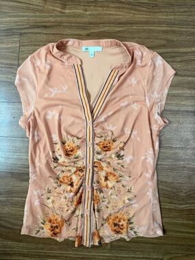 DR2 Peach Floral Button-Front Blouse with Striped Trim